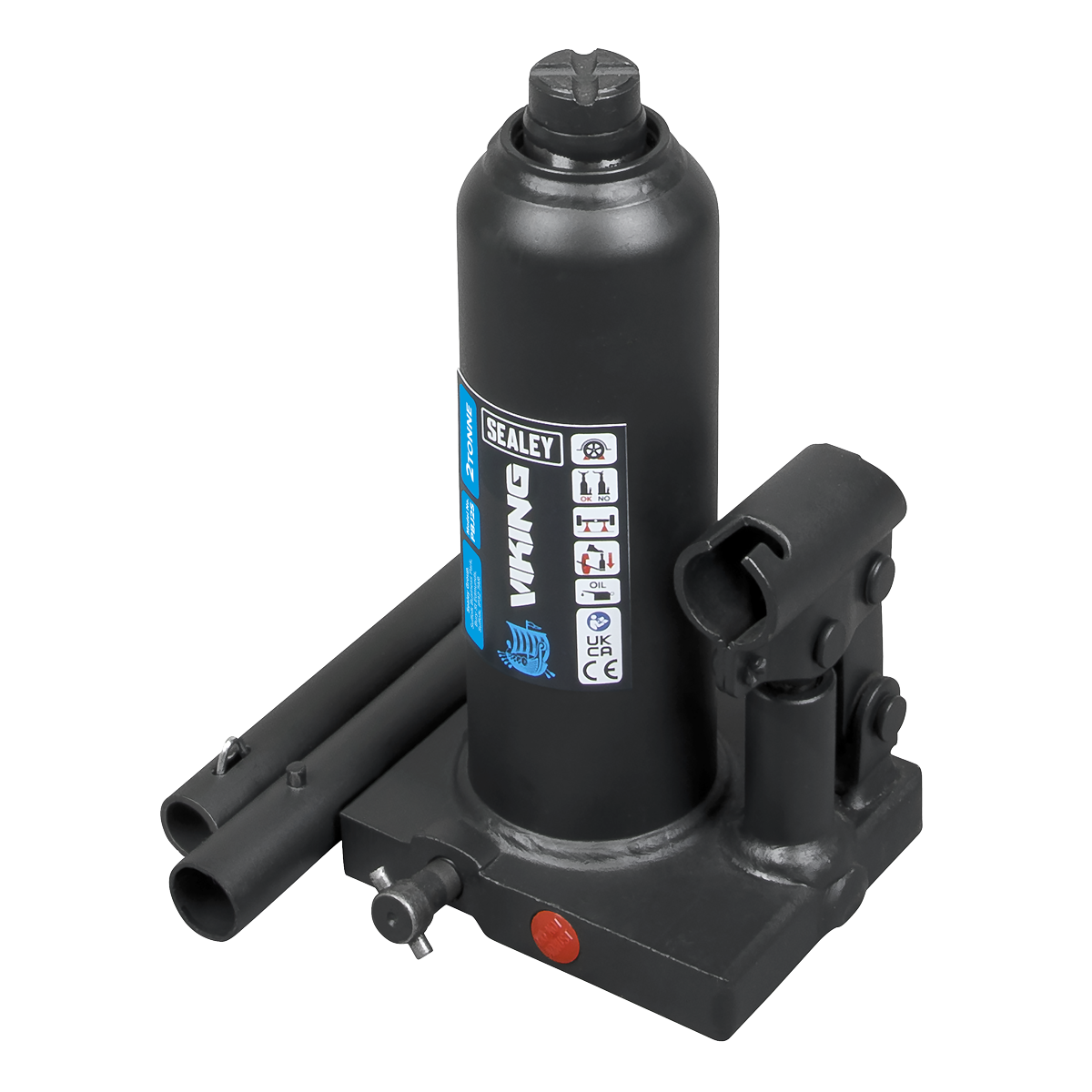 The Sealey Bottle Jack 2tonne - PBJ2S is a black hydraulic bottle jack with a blue label, equipped with an overload valve and a two-piece handle for added convenience.