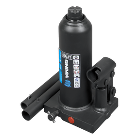 The Sealey Bottle Jack 2tonne - PBJ2S is a black hydraulic bottle jack with a blue label, equipped with an overload valve and a two-piece handle for added convenience.