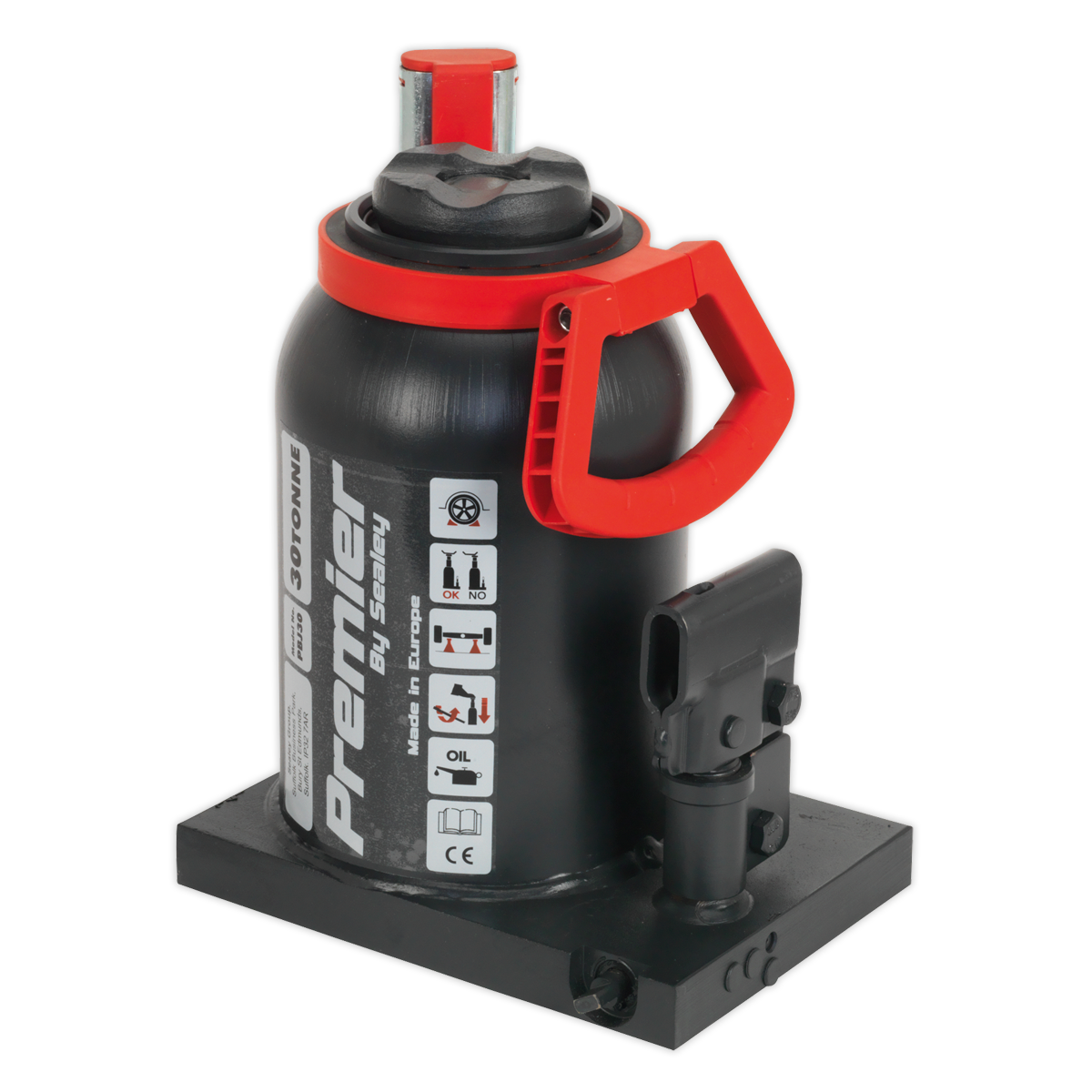 Image of the Premier Bottle Jack 30 Tonne - PBJ30 by Sealey, distinguished by its red and black color scheme. This heavy-duty hydraulic bottle jack is designed for lifting vehicles and comes equipped with a telescopic pump handle, a safety overload valve, a carrying handle, and multiple labeled instructions on its side.