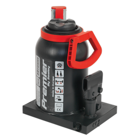 Image of the Premier Bottle Jack 30 Tonne - PBJ30 by Sealey, distinguished by its red and black color scheme. This heavy-duty hydraulic bottle jack is designed for lifting vehicles and comes equipped with a telescopic pump handle, a safety overload valve, a carrying handle, and multiple labeled instructions on its side.