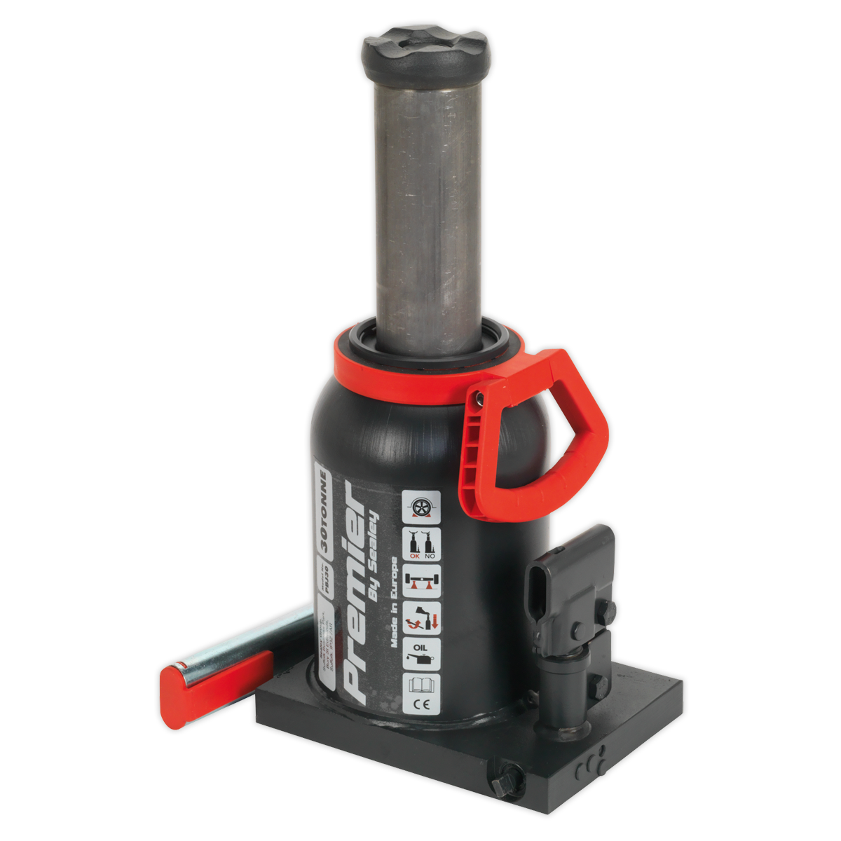 The Sealey Premier Bottle Jack 30 Tonne - PBJ30, featuring a black finish, a red telescopic pump handle, extended piston, and labeled markings, sits atop a one-piece base.