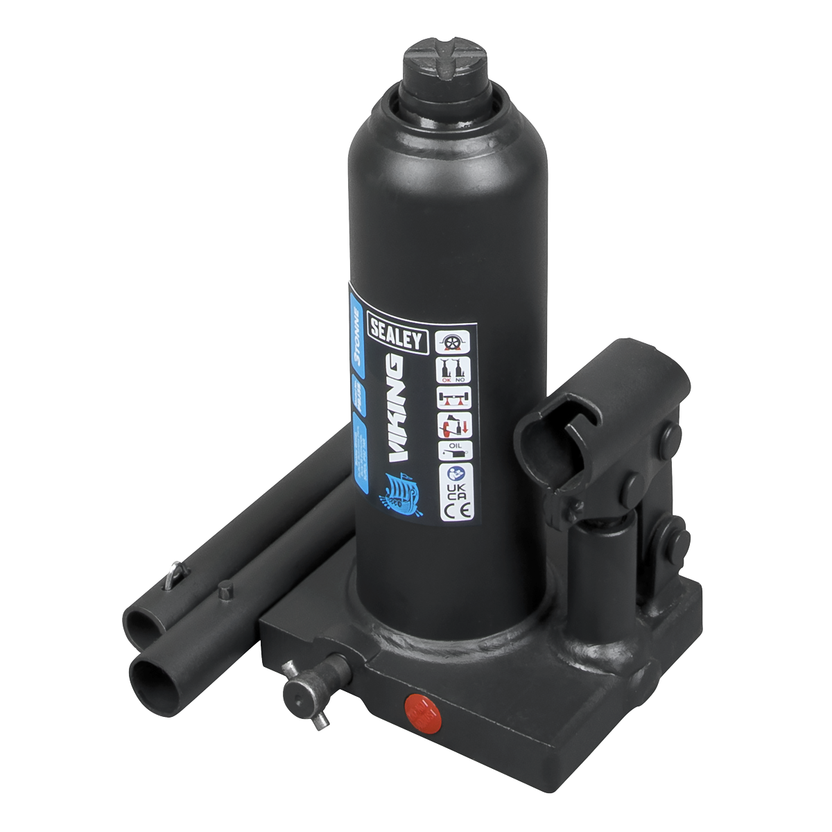 The Sealey Bottle Jack 3 Tonne - PBJ3S is a black hydraulic jack featuring a 2-piece handle and machine-welded construction. It includes an overload valve, a specification label, and is designed for effortlessly lifting heavy objects.