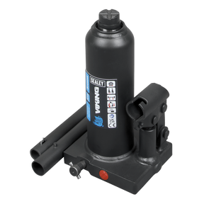The Sealey Bottle Jack 3 Tonne - PBJ3S is a black hydraulic jack featuring a 2-piece handle and machine-welded construction. It includes an overload valve, a specification label, and is designed for effortlessly lifting heavy objects.