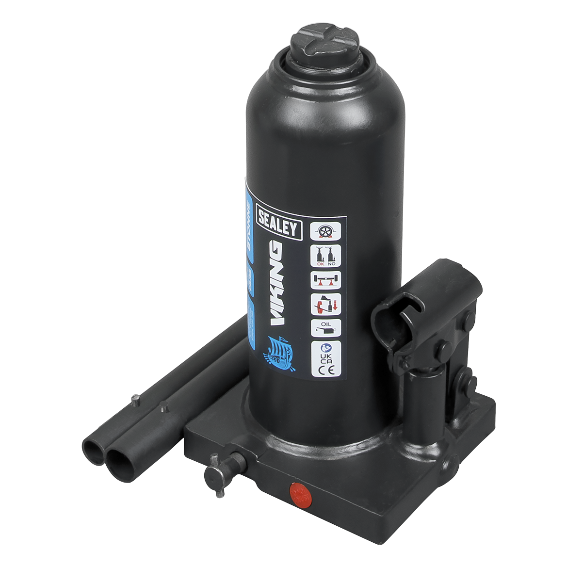 A black hydraulic bottle jack with a machine-welded frame and a 2-piece handle, labeled as the Sealey Bottle Jack 5 Tonne - PBJ5S.