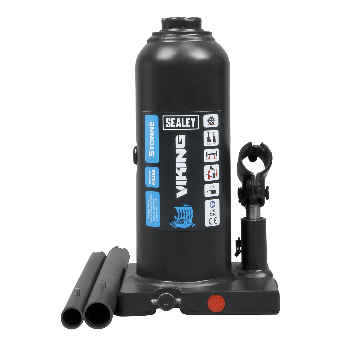 The Sealey Bottle Jack 5 Tonne - PBJ5S is a black hydraulic bottle jack with a 5-ton capacity, featuring instructional and capacity labels. It comes with two detachable 2-piece handles and boasts machine welded construction for enhanced durability.