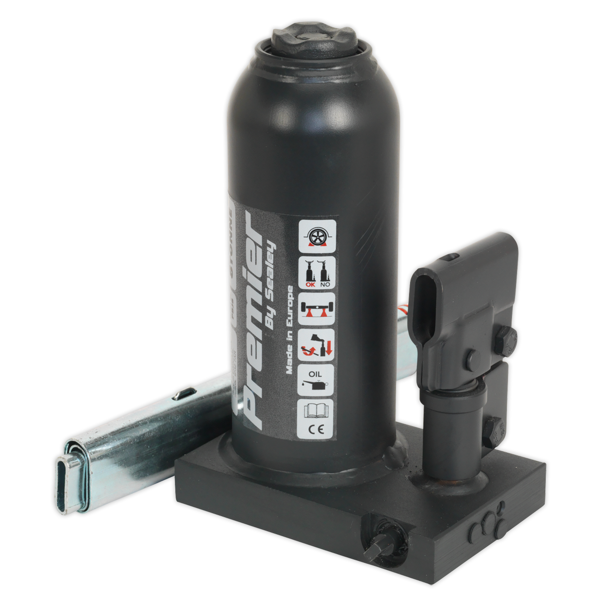 A Premier Bottle Jack 8 Tonne (PBJ8) by Sealey, in black, with a telescopic pump handle and base. The product includes instructional icons, a safety overload valve, and safety warnings on its body.