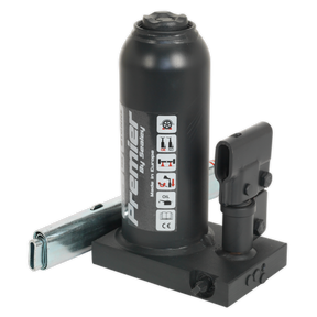 A Premier Bottle Jack 8 Tonne (PBJ8) by Sealey, in black, with a telescopic pump handle and base. The product includes instructional icons, a safety overload valve, and safety warnings on its body.