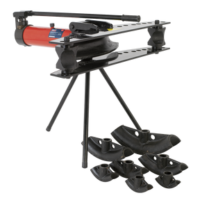 The Sealey Industrial Hydraulic Pipe Bender with Stand 15 Tonne - PBS91 features interchangeable pipe dies and a convenient 2-speed hydraulic pump, making it flexible for various pipe diameters.