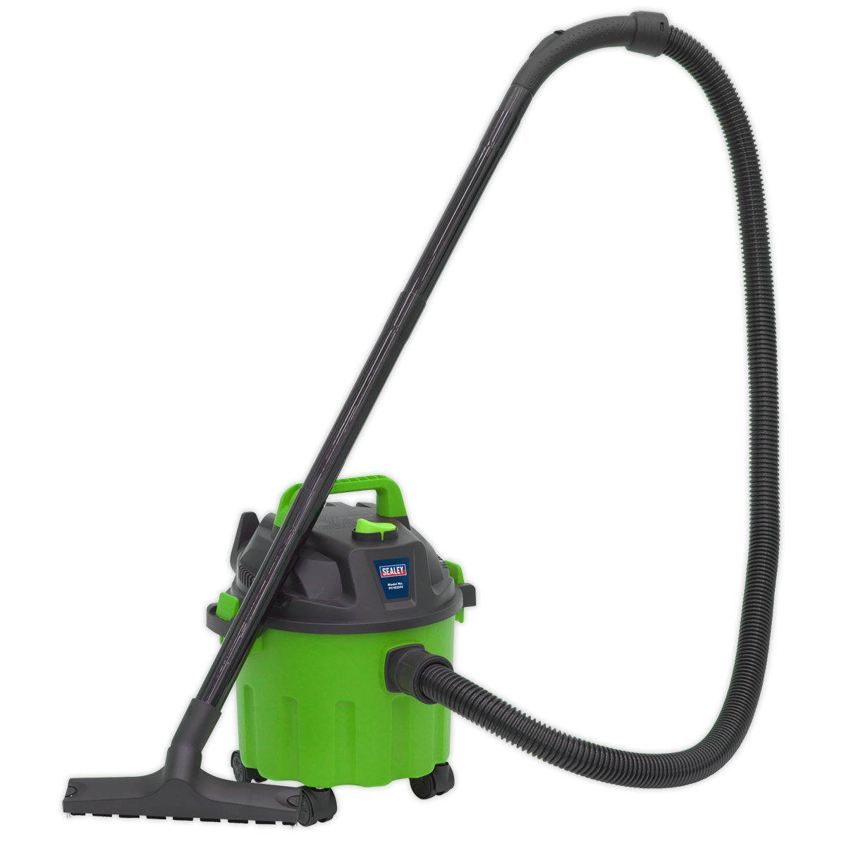 The Sealey Vacuum Cleaner Wet & Dry 10L 1000W/230V - Green (PC102HV), featuring a large cylindrical body, flexible hose, and wide nozzle attachment, offers efficient cleaning in a lightweight design.