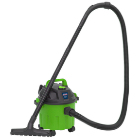 The Sealey Vacuum Cleaner Wet & Dry 10L 1000W/230V - Green (PC102HV), featuring a large cylindrical body, flexible hose, and wide nozzle attachment, offers efficient cleaning in a lightweight design.