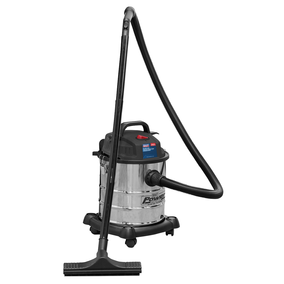 Introducing the Sealey Vacuum Cleaner Wet & Dry 20L 1200W/230V Stainless Drum - PC195SD, a high-powered stainless steel shop vacuum featuring a black flexible hose and attachment, equipped with a wet-use filter and mounted on a wheeled base for easy mobility.