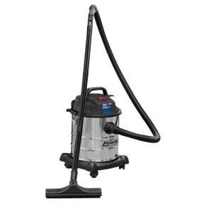 Introducing the Sealey Vacuum Cleaner Wet & Dry 20L 1200W/230V Stainless Drum - PC195SD, a high-powered stainless steel shop vacuum featuring a black flexible hose and attachment, equipped with a wet-use filter and mounted on a wheeled base for easy mobility.
