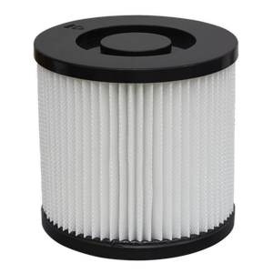 The Locking Cartridge Filter for PC195SD, identified as Model No. PC195SDCFL under the Sealey brand, is a cylindrical, pleated air filter with black top and bottom caps. Compatible with later model engines.