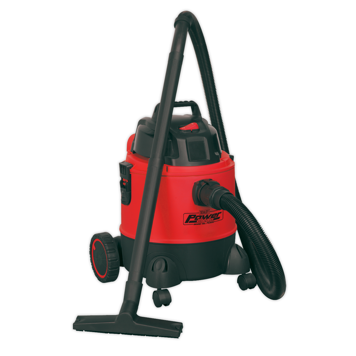 The Sealey Vacuum Cleaner Wet & Dry 20L 1250W/230V - PC200 is a high-powered, red and black vacuum cleaner equipped with a 1250W motor. It includes a hose, wide attachment, tool storage, and wheels at the base for easy mobility.