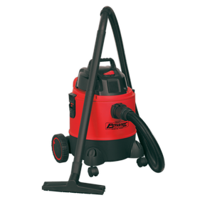 The Sealey Vacuum Cleaner Wet & Dry 20L 1250W/230V - PC200 is a high-powered, red and black vacuum cleaner equipped with a 1250W motor. It includes a hose, wide attachment, tool storage, and wheels at the base for easy mobility.