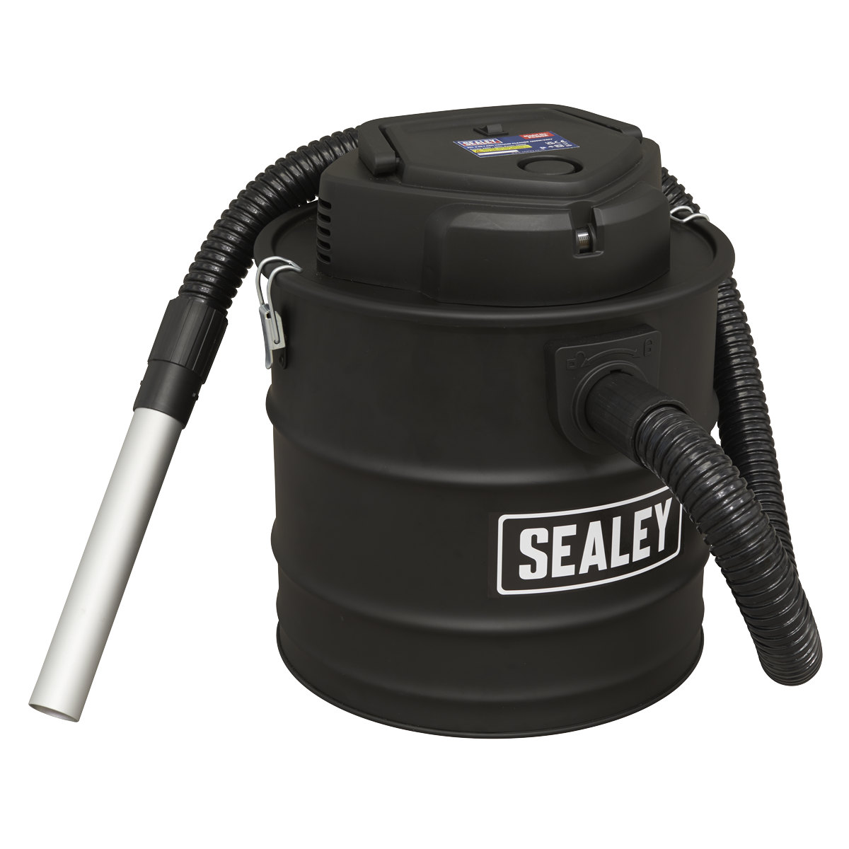 The Sealey 3-in-1 Ash Vacuum Cleaner 20L, model PC200A, features a powerful 1200W motor and comes with a black cylindrical body, complete with a flexible hose attached to a metal nozzle.