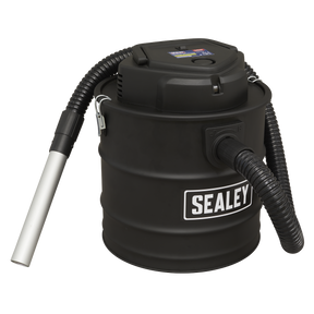 The Sealey 3-in-1 Ash Vacuum Cleaner 20L, model PC200A, features a powerful 1200W motor and comes with a black cylindrical body, complete with a flexible hose attached to a metal nozzle.