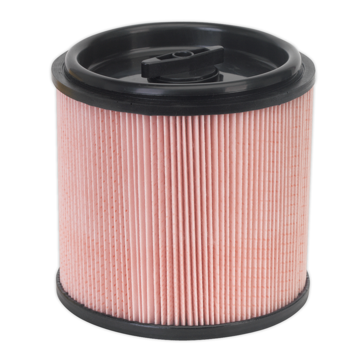 The Sealey Cartridge Filter for Fine Dust for PC200 & PC300 Series - PC200CFF, with its pink pleated filter element and black plastic end caps, efficiently captures fine particles.