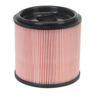 The Sealey Cartridge Filter for Fine Dust for PC200 & PC300 Series - PC200CFF, with its pink pleated filter element and black plastic end caps, efficiently captures fine particles.