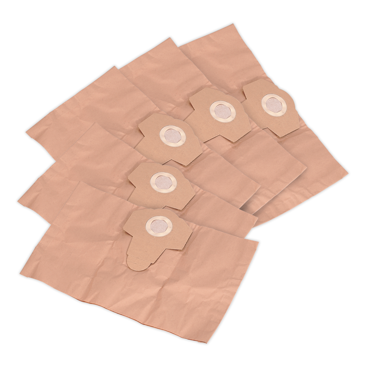 A pack of 5 Sealey Dust Collection Bags for PC200 Series (PC200PB5), made of brown paper, arranged overlapping each other with openings and cardboard flaps visible.