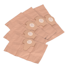 A pack of 5 Sealey Dust Collection Bags for PC200 Series (PC200PB5), made of brown paper, arranged overlapping each other with openings and cardboard flaps visible.