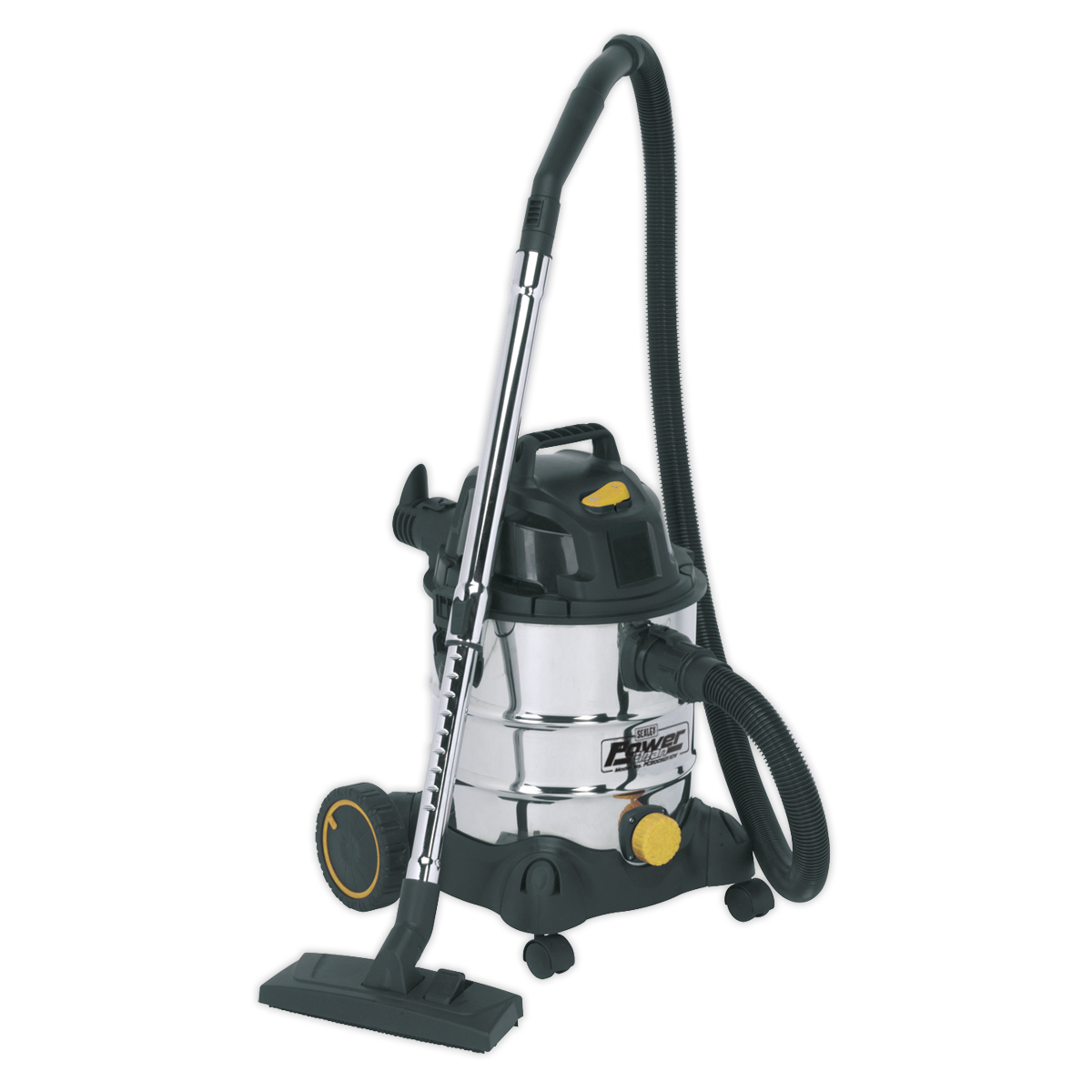 Introducing the Sealey Vacuum Cleaner Industrial Wet & Dry 20L 1250W/110V Stainless Drum - PC200SD110V, a powerful and efficient cleaning tool. Featuring a high-performance stainless steel build, it comes equipped with a black handle, hose, and attachments. Designed for maximum maneuverability, it has wheels for easy movement along with stylish yellow accents on the handle and wheels. This lightweight industrial unit promises durability and exceptional performance across various cleaning tasks.