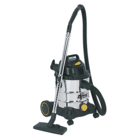 Introducing the Sealey Vacuum Cleaner Industrial Wet & Dry 20L 1250W/110V Stainless Drum - PC200SD110V, a powerful and efficient cleaning tool. Featuring a high-performance stainless steel build, it comes equipped with a black handle, hose, and attachments. Designed for maximum maneuverability, it has wheels for easy movement along with stylish yellow accents on the handle and wheels. This lightweight industrial unit promises durability and exceptional performance across various cleaning tasks.