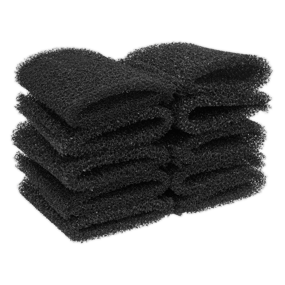 A stack of six Sealey Foam Filters for PC20SD20V, arranged in two rows, resembling black, porous scrub pads.