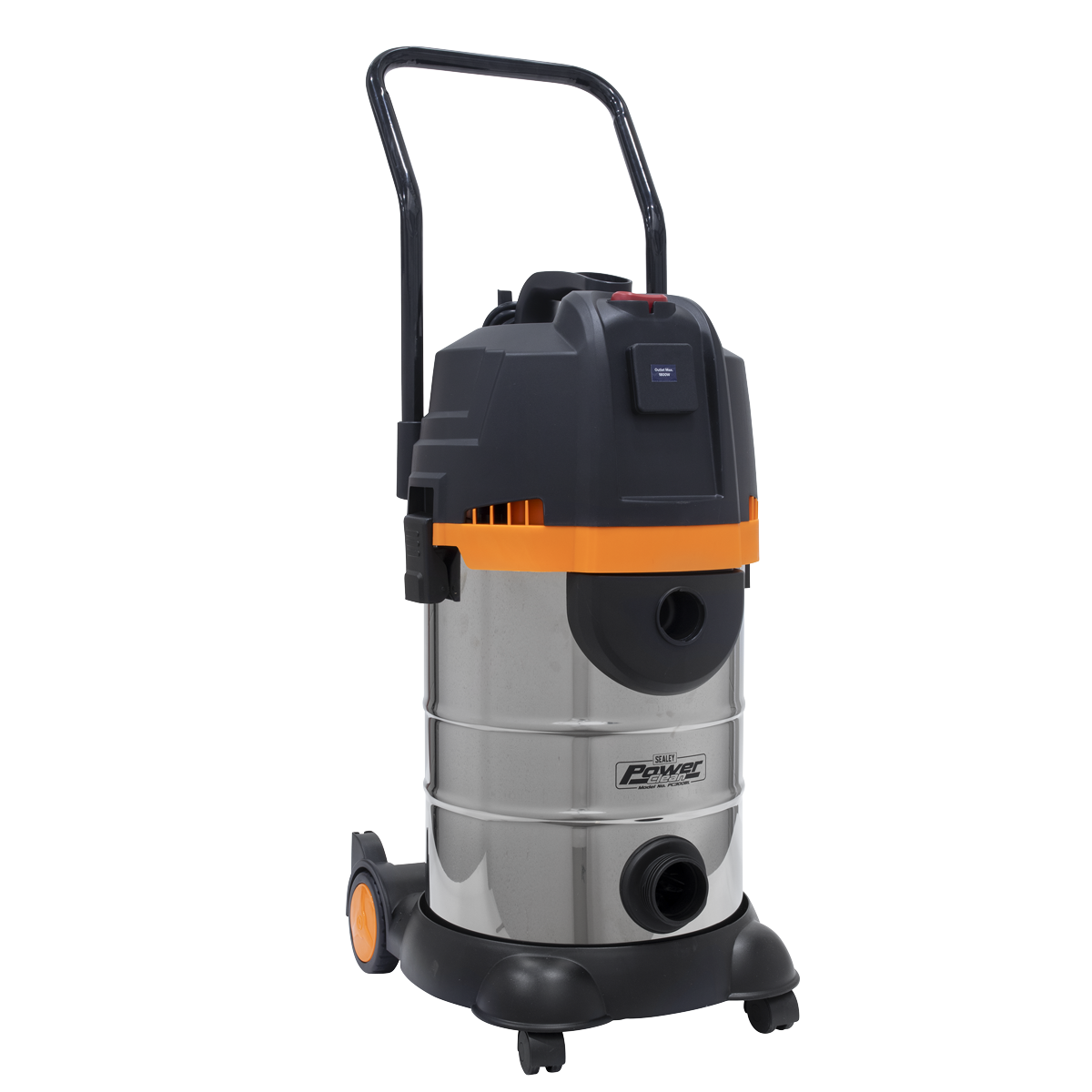 The Sealey Vacuum Cleaner Cyclone Wet & Dry 30L Double Stage 1200W/230V - PC300BL is a stainless steel vacuum cleaner with black and orange accents, featuring multi-cyclonic technology, a 30L stainless steel collection drum, wheels for easy mobility, and a top handle for convenient portability.