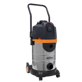 The Sealey Vacuum Cleaner Cyclone Wet & Dry 30L Double Stage 1200W/230V - PC300BL is a stainless steel vacuum cleaner with black and orange accents, featuring multi-cyclonic technology, a 30L stainless steel collection drum, wheels for easy mobility, and a top handle for convenient portability.