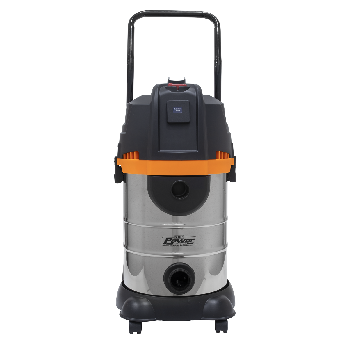 The Sealey Vacuum Cleaner Cyclone Wet & Dry 30L Double Stage 1200W/230V - PC300BL is a stainless steel and black wet/dry vacuum cleaner with multi-cyclonic technology. It features an orange accent, a large 30L stainless steel collection drum, and a handle on top, all supported by four caster wheels.