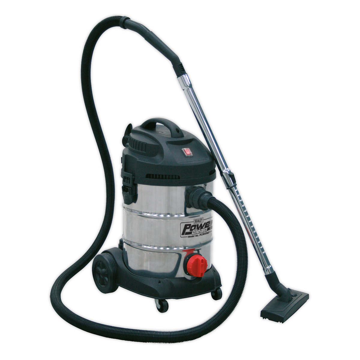 The Sealey PC300SD Industrial Vacuum Cleaner is a 30-liter stainless steel wet/dry unit with a powerful 1400W/230V motor. It features a flexible hose, handle, wheels for easy mobility, and a stylish black top with attachments and a red power button on the front.