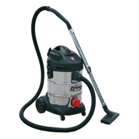 The Sealey PC300SD Industrial Vacuum Cleaner is a 30-liter stainless steel wet/dry unit with a powerful 1400W/230V motor. It features a flexible hose, handle, wheels for easy mobility, and a stylish black top with attachments and a red power button on the front.