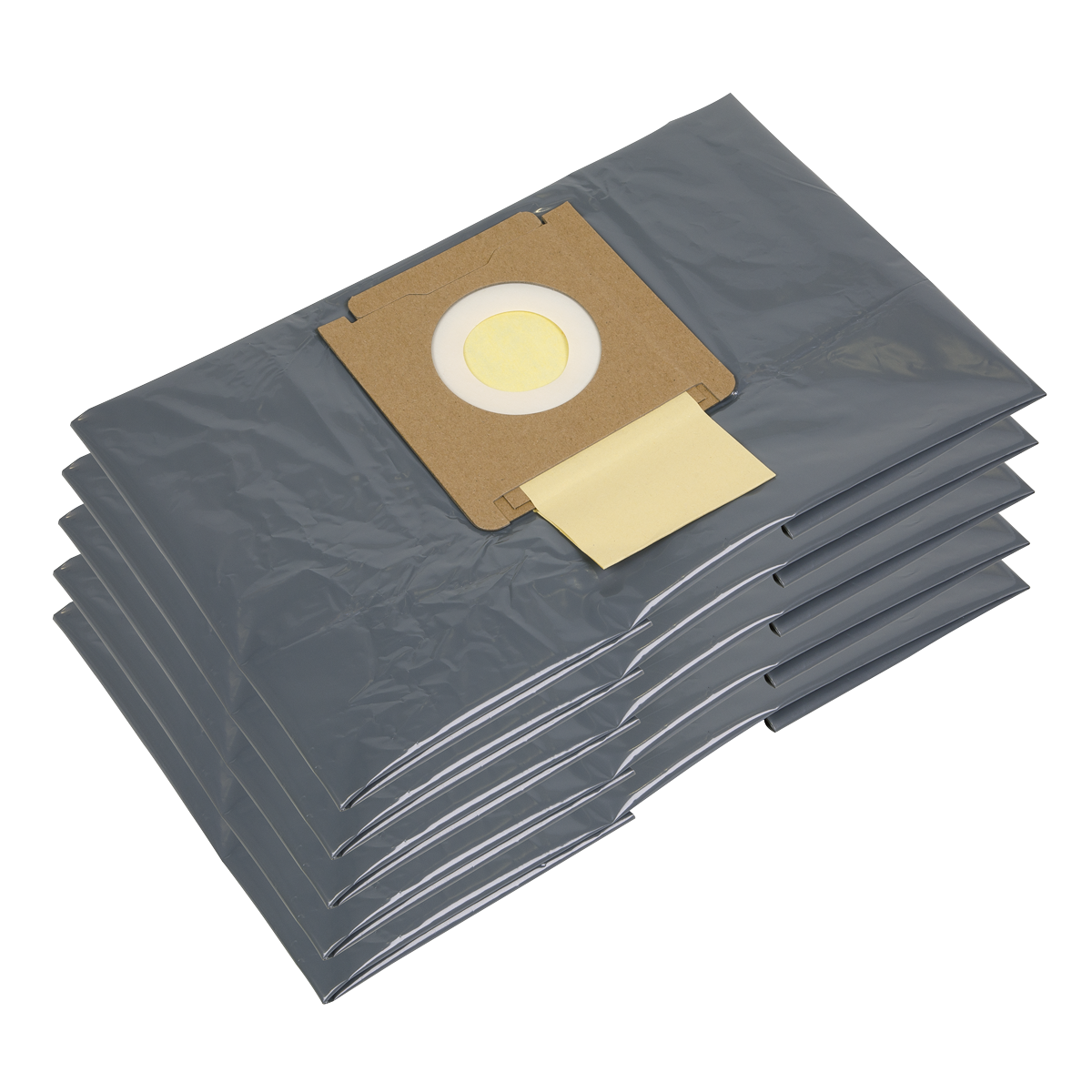 A pack of five Tank Liner M Class vacuum cleaner bags for the PC380MTL model, each with a 38L capacity from Sealey. One bag is displayed upright, showcasing the cardboard collar and yellow closure sticker. Ideal for industrial vacuum cleaners.