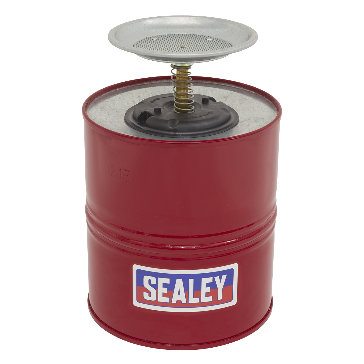 A Sealey Plunger Can 3.8L (PC38) featuring a red finish, equipped with a pump mechanism, a metal grease plate on top, and an added flash arrestor for enhanced safety.