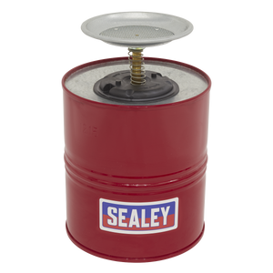 A Sealey Plunger Can 3.8L (PC38) featuring a red finish, equipped with a pump mechanism, a metal grease plate on top, and an added flash arrestor for enhanced safety.