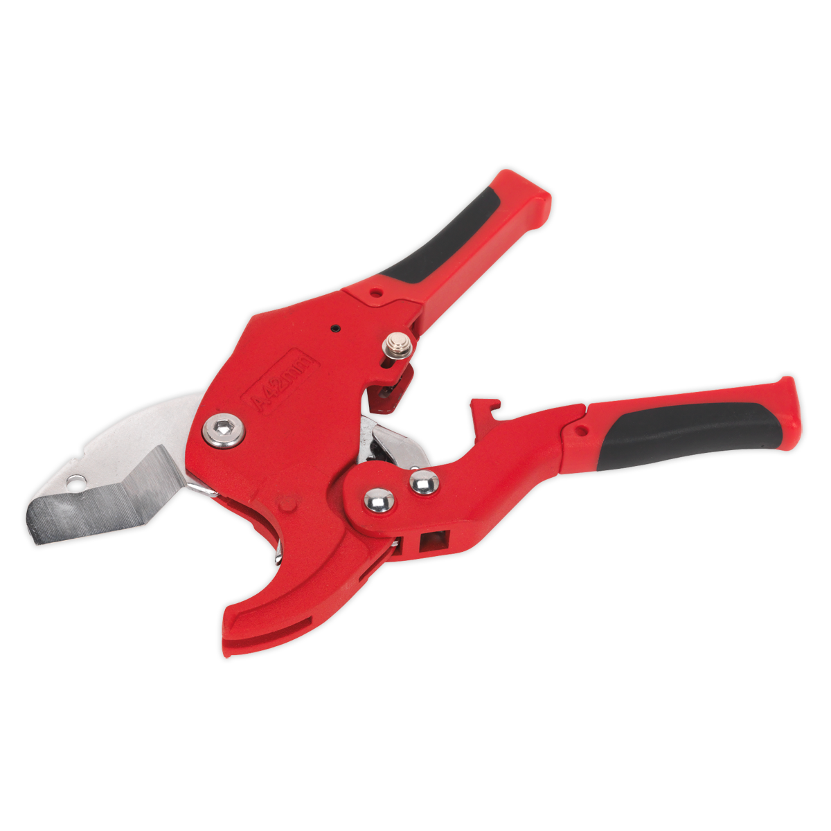 A Plastic Pipe Cutter Quick Release Ø6-42mm - PC41 by Sealey, featuring a red handle with black grips, a sharp, heat-treated stainless steel cutting blade, and an adjustable mechanism.