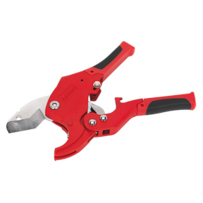 A Plastic Pipe Cutter Quick Release Ø6-42mm - PC41 by Sealey, featuring a red handle with black grips, a sharp, heat-treated stainless steel cutting blade, and an adjustable mechanism.