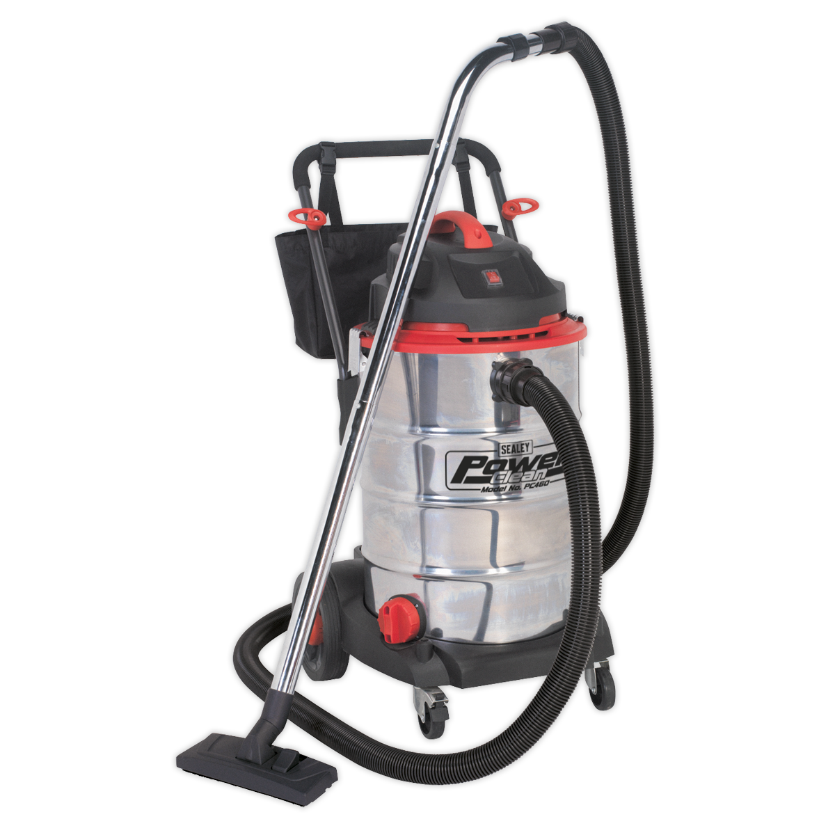 The Sealey Vacuum Cleaner Wet & Dry 60L Stainless Drum 1600W/230V - PC460 features an industrial-grade stainless steel drum and includes a black EVA crush-resistant hose and nozzle attachment, all mounted on wheels for easy portability.