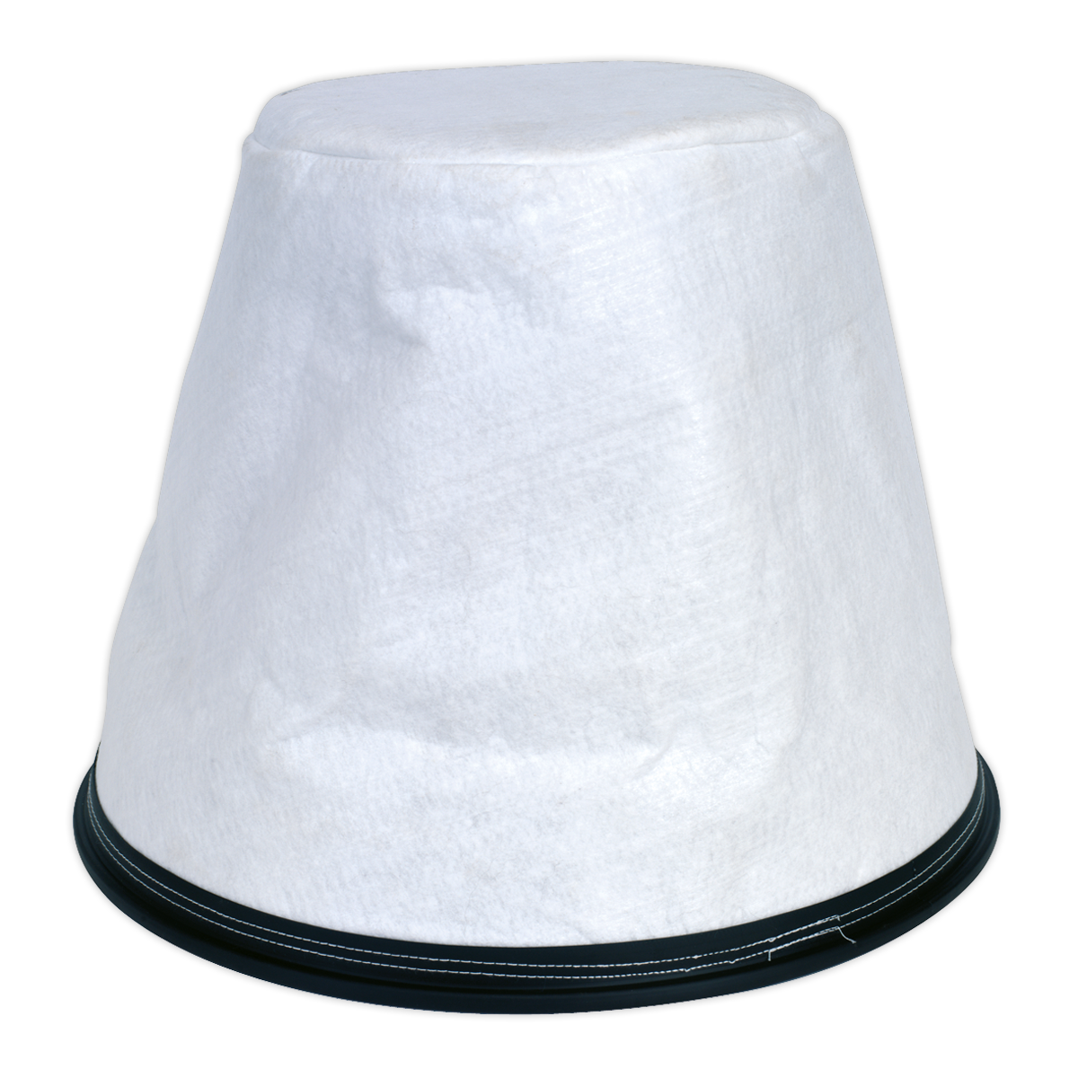 The Sealey Cloth Filter Assembly for PC477, Model No. PC477.CF, is a white cylindrical cloth filter with a black base, commonly utilized in industrial or HVAC systems.