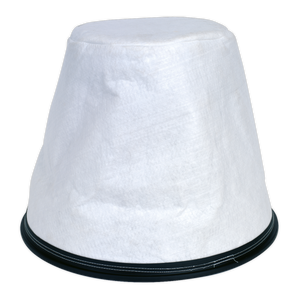 The Sealey Cloth Filter Assembly for PC477, Model No. PC477.CF, is a white cylindrical cloth filter with a black base, commonly utilized in industrial or HVAC systems.