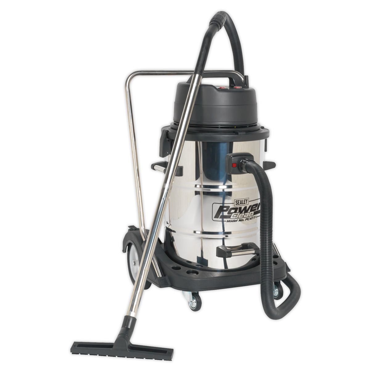 The Sealey Vacuum Cleaner Industrial Wet & Dry 77L Stainless Steel Drum with Swivel Emptying 2400W - PC477 is a high-performance unit boasting superior vacuuming power. It features a durable stainless steel body, a black plastic top, and a black hose attachment. The vacuum cleaner also comes equipped with a wheeled base for easy mobility.