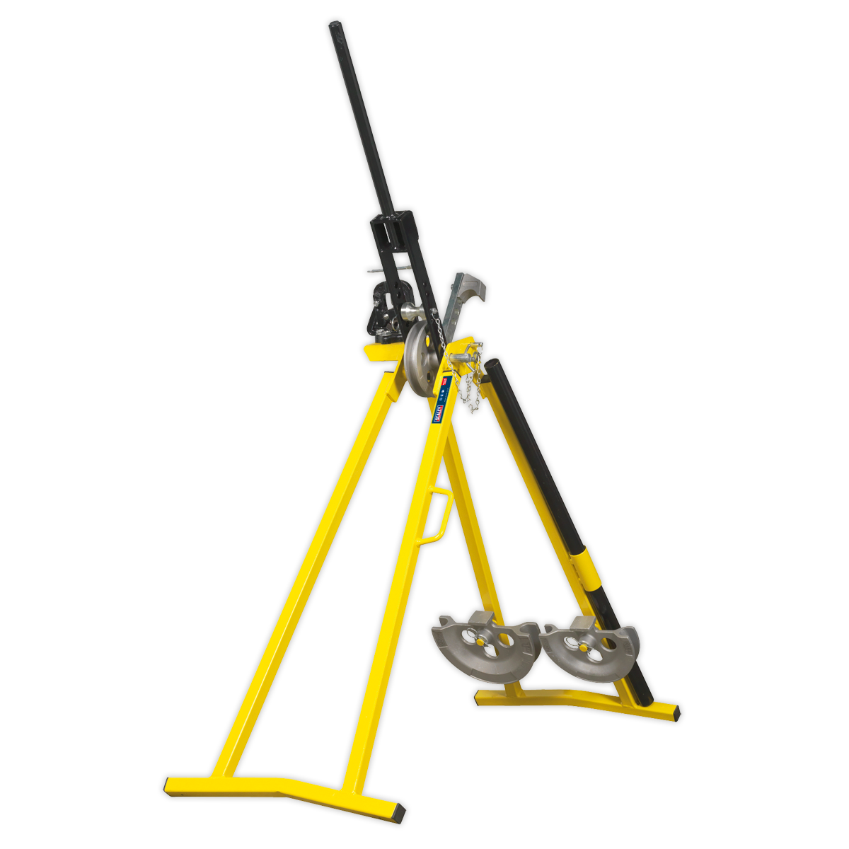 The Sealey Professional Conduit Bender - PCB25 is an industrial pipe bender featuring a yellow frame and a black handle, designed to bend metal pipes. Resembling an A-frame conduit bender, this machine is securely mounted on a sturdy triangular stand.