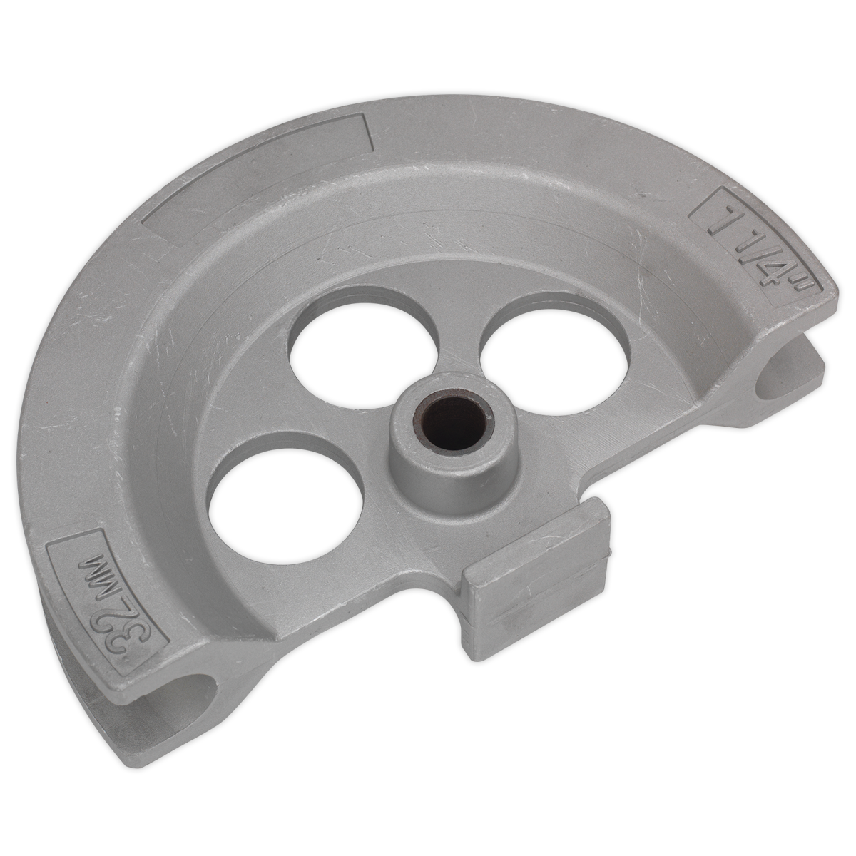 The Sealey Former for Conduit Bender 32mm for PCB25 - PCB32.03 is a gray metal conduit bender head, featuring an Ø32mm cast former, with four circular holes and a central hub marked with measurements "1 1/4" and "32 mm.