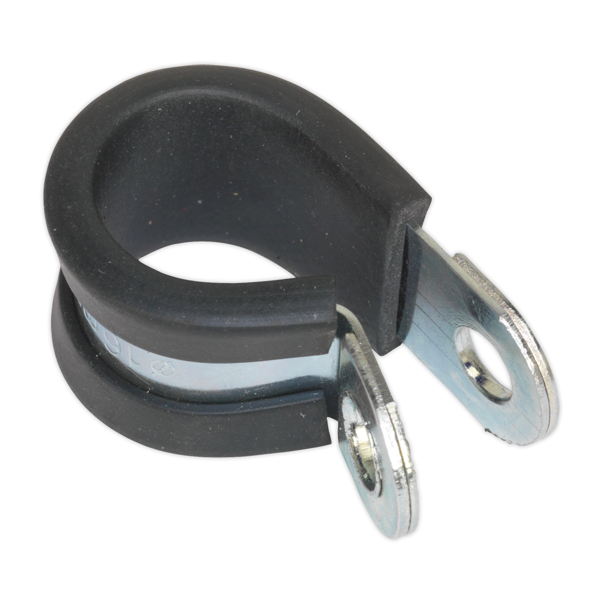 The Sealey P-Clip Rubber Lined Ø16mm (Pack of 25) - PCJ16, comes with a black coating and features two zinc-plated ends with holes for securing, compliant with DIN 3016.