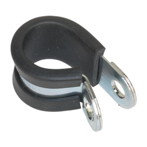 The Sealey P-Clip Rubber Lined Ø16mm (Pack of 25) - PCJ16, comes with a black coating and features two zinc-plated ends with holes for securing, compliant with DIN 3016.
