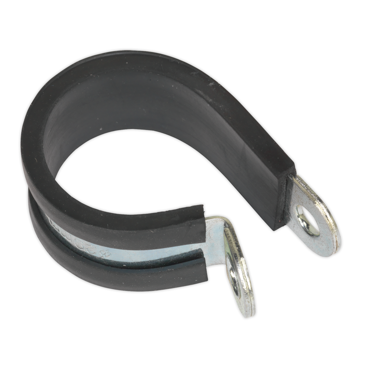 The Sealey P-Clip Rubber Lined Ø29mm (Pack of 25 - PCJ29) is a zinc-plated metal clamp with a rubber sleeve, perfect for securing cables, piping, or tubing. This clip features two mounting holes at each end to ensure easy attachment.