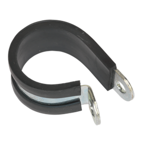 The Sealey P-Clip Rubber Lined Ø29mm (Pack of 25 - PCJ29) is a zinc-plated metal clamp with a rubber sleeve, perfect for securing cables, piping, or tubing. This clip features two mounting holes at each end to ensure easy attachment.