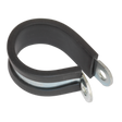 The Sealey P-Clip Rubber Lined Ø35mm Pack of 25 - PCJ35 is a zinc-plated P-clip with a black rubber lining, designed for securing cables or hoses. It features two holes for mounting and complies with DIN 3016 standards.