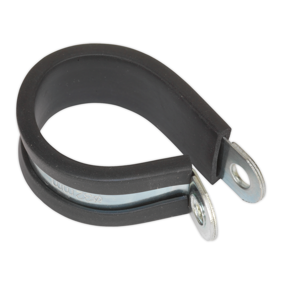 The Sealey P-Clip Rubber Lined Ø35mm Pack of 25 - PCJ35 is a zinc-plated P-clip with a black rubber lining, designed for securing cables or hoses. It features two holes for mounting and complies with DIN 3016 standards.